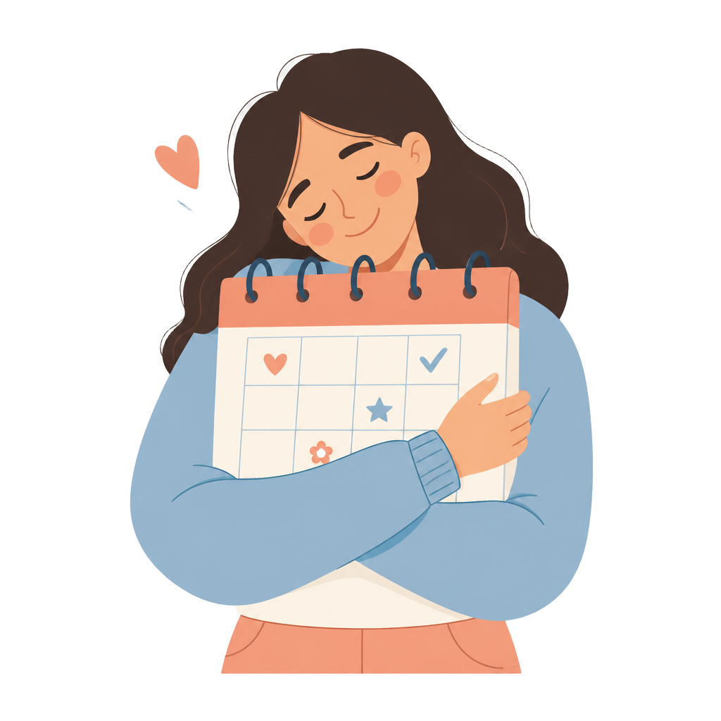 Illustration of a woman happily hugging her calendar